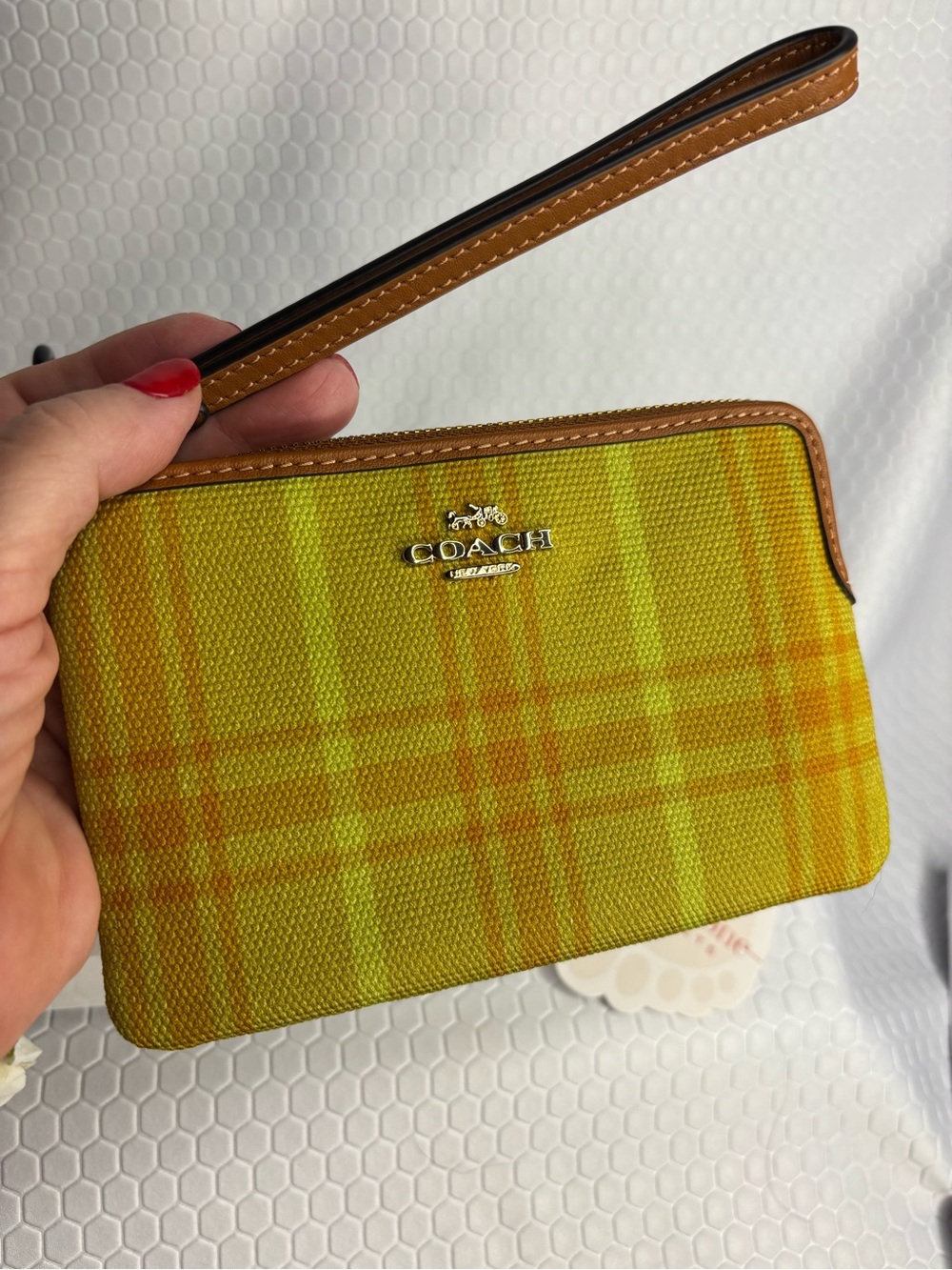 Coach Yellow And Amber Plaid Wristlet with Tan Trim - Picture 2 of 7
